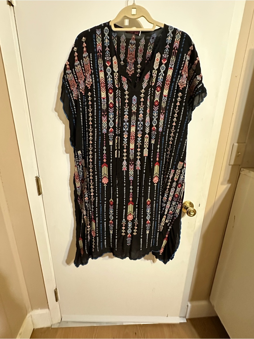 Johnny Was Black Embroidered Boho Tunic with Multi-Color Detail